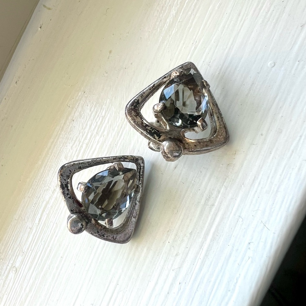 Vintage Smoky Quartz Silver Geometric Clip On Earrings